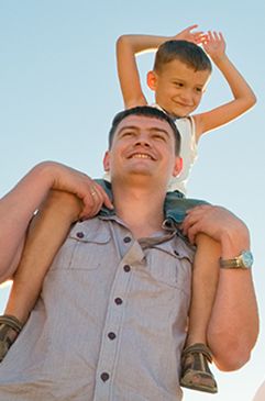 man with his young son sitting on his shoulders