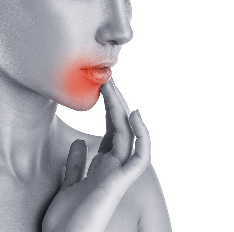black and white rendering of a woman touching under her lips with a red 