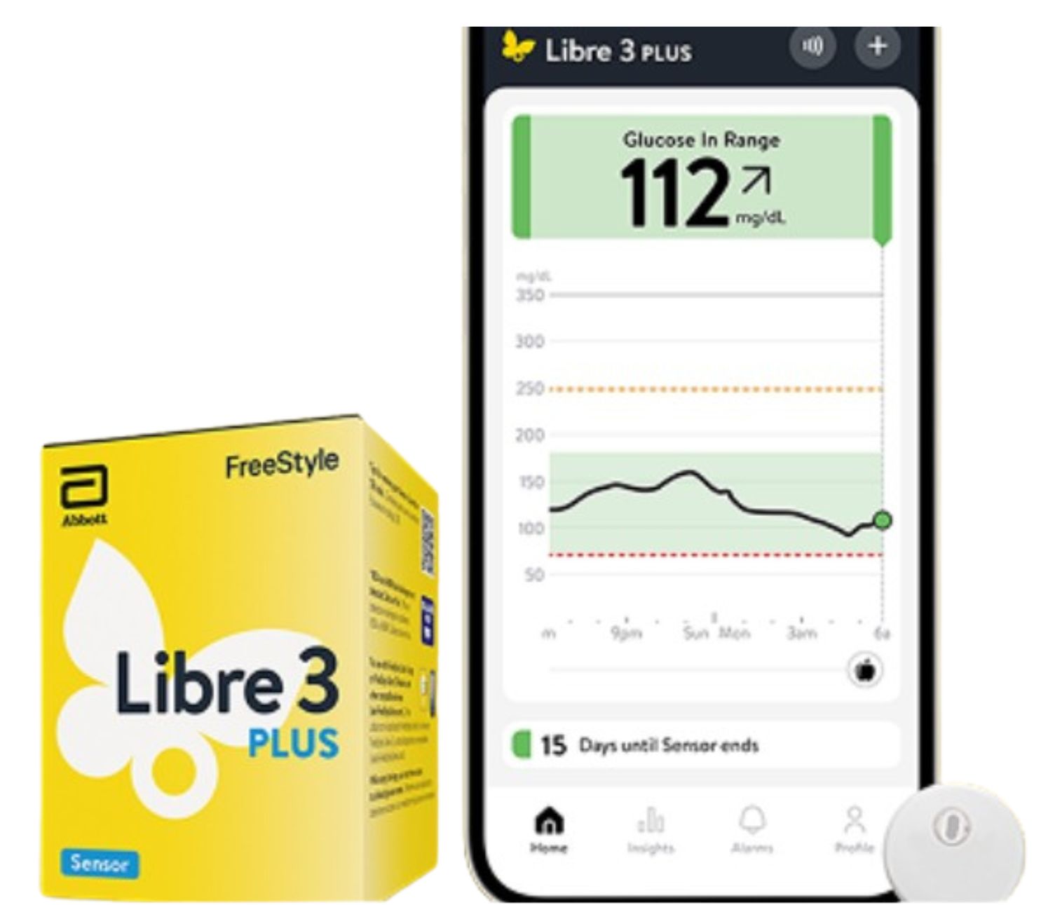 FreeStyle Libre 3 Plus glucose sensor box beside a smartphone displaying glucose readings and trend graph in the Libre app