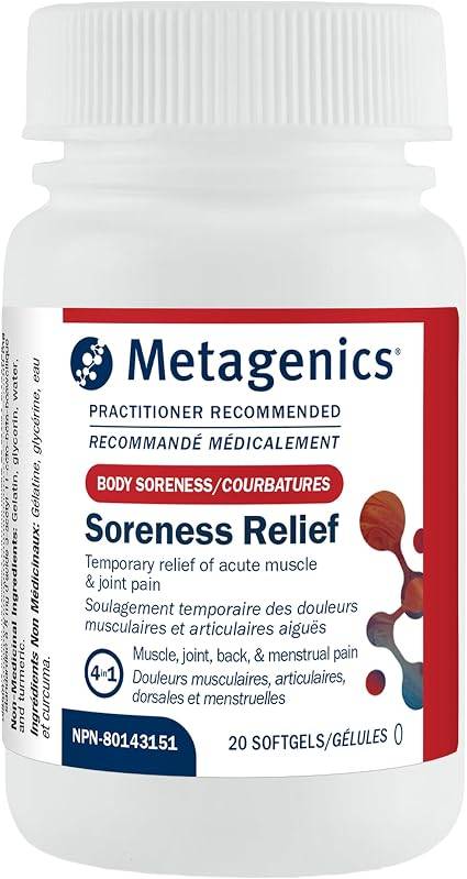 Metagenics Soreness Relief Metagenics Soreness Relief softgels bottle for temporary relief of acute muscle, joint, back, and menstrual pain.