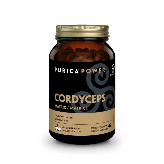 Purica Power Cordyceps Matrix supplement bottle on a white background.